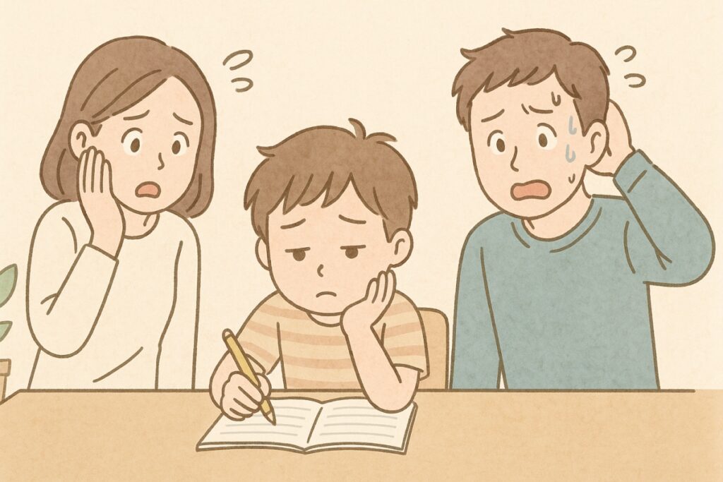 自宅学習に身が入らない小学生と焦る両親